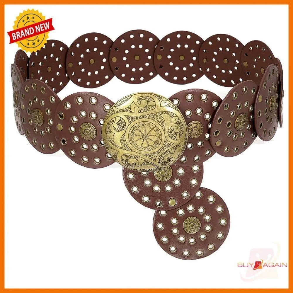 Wide Disc Concho Leather Belt Western Style Adjustable Waist Belt